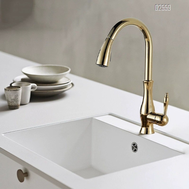 French vintage pull-out faucet all-copper European classical faucet kitchen sink vegetable basin creative cold and hot water faucet