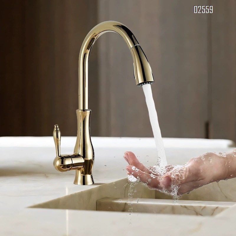 French vintage pull-out faucet all-copper European classical faucet kitchen sink vegetable basin creative cold and hot water faucet