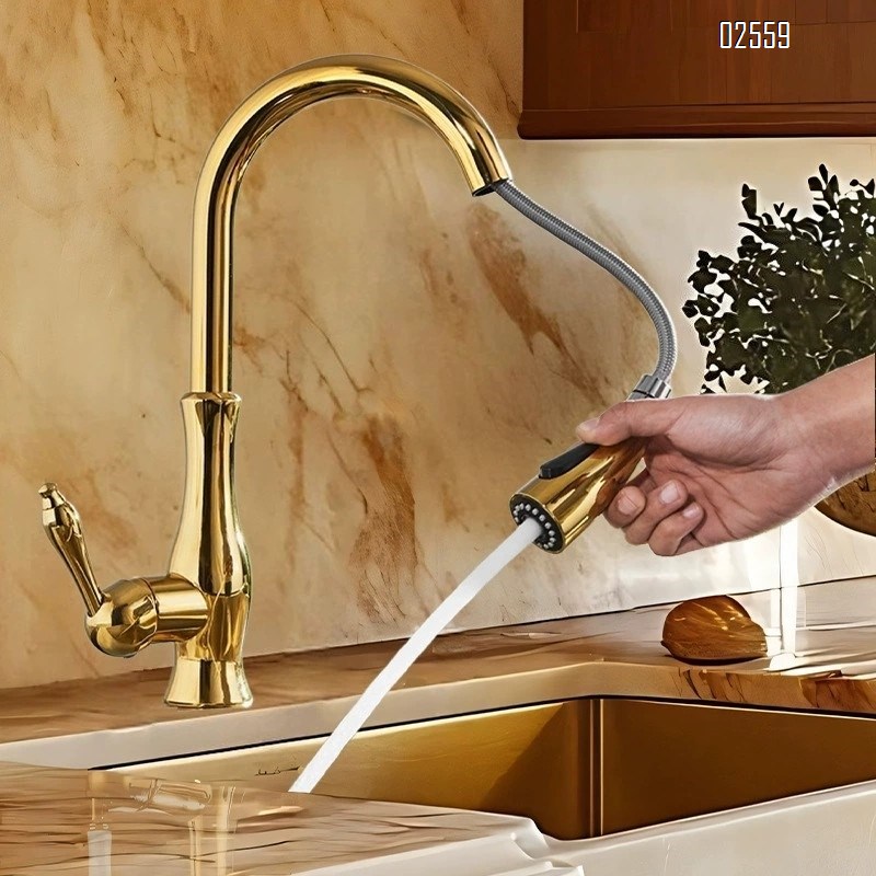 French vintage pull-out faucet all-copper European classical faucet kitchen sink vegetable basin creative cold and hot water faucet