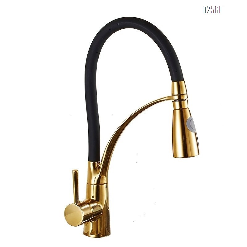 Brass-plated gold-colored swivel pull-out kitchen sink vegetable basin cold and hot sitting single-hole creative mixing faucet