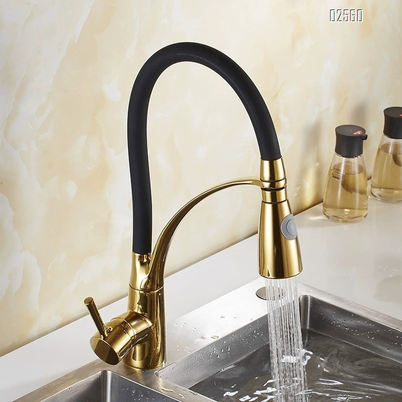 Brass-plated gold-colored swivel pull-out kitchen sink vegetable basin cold and hot sitting single-hole creative mixing faucet