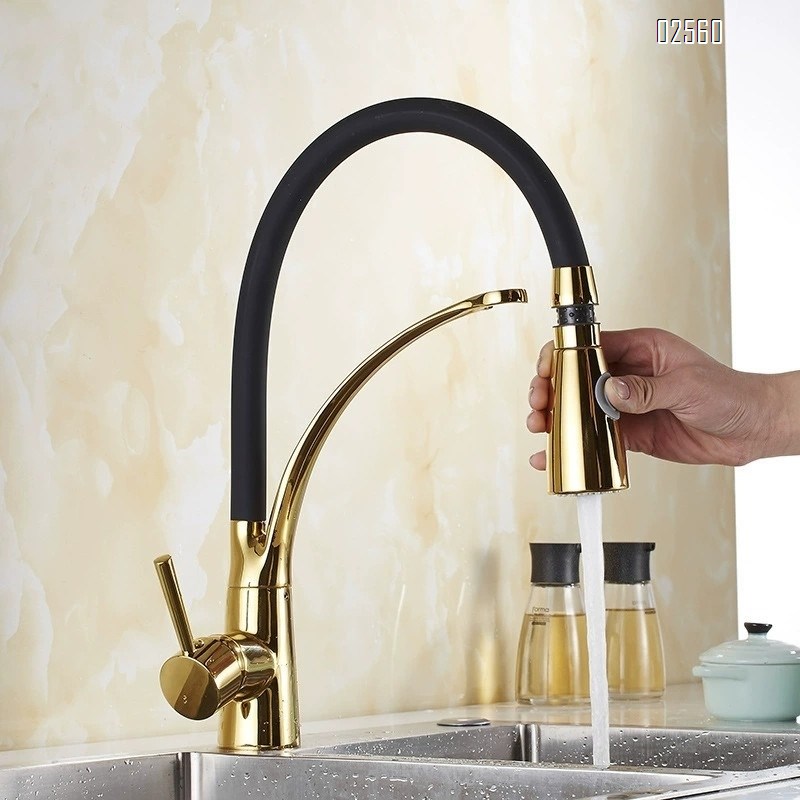 Brass-plated gold-colored swivel pull-out kitchen sink vegetable basin cold and hot sitting single-hole creative mixing faucet
