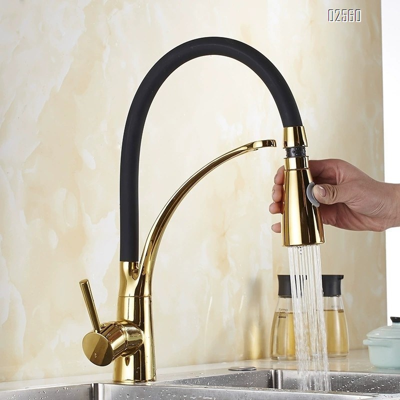 Brass-plated gold-colored swivel pull-out kitchen sink vegetable basin cold and hot sitting single-hole creative mixing faucet