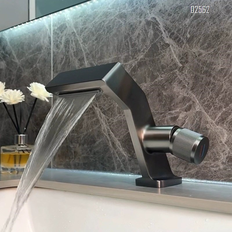 Bathroom cabinet gun gray simple creative single hole cold and hot all copper countertop basin waterfall basin faucet