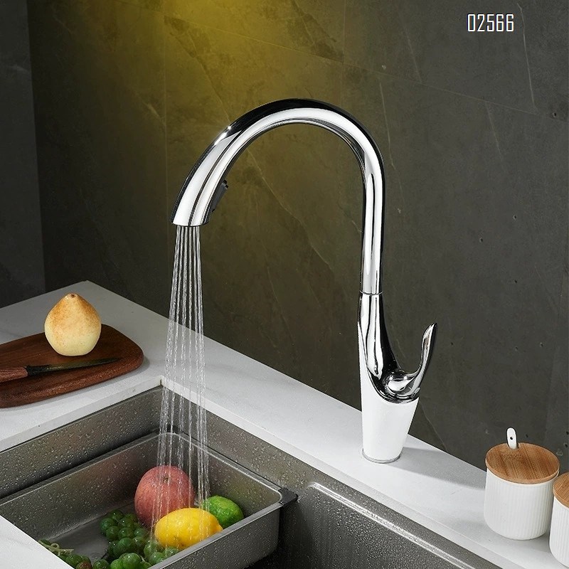 Brassink with extendable splash-proof trough, cold and hot water faucet, pull-out rotating two-speed mode kitchen faucet