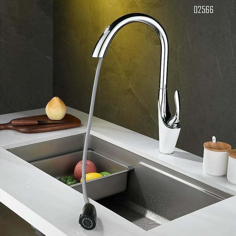 Brassink with extendable splash-proof trough, cold and hot water faucet, pull-out rotating two-speed mode kitchen faucet
