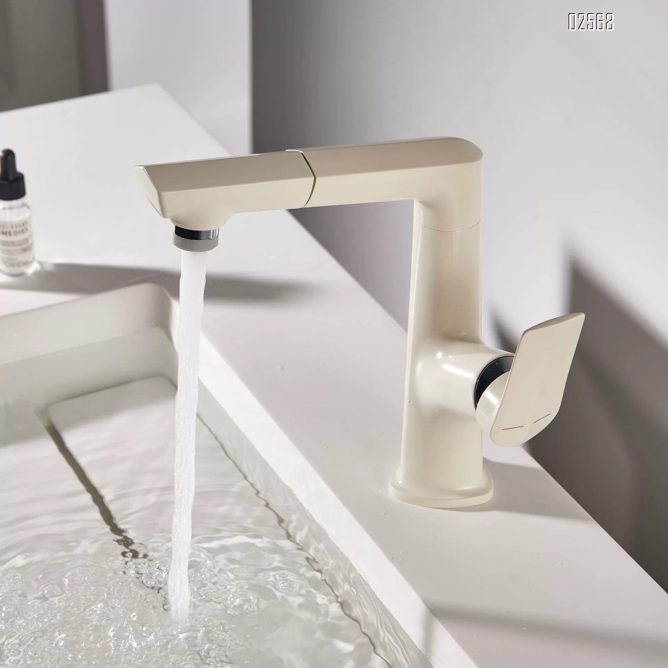 Brass milk white cold and hot wash basin faucet with pull-out and height adjustable bathroom and toilet faucet