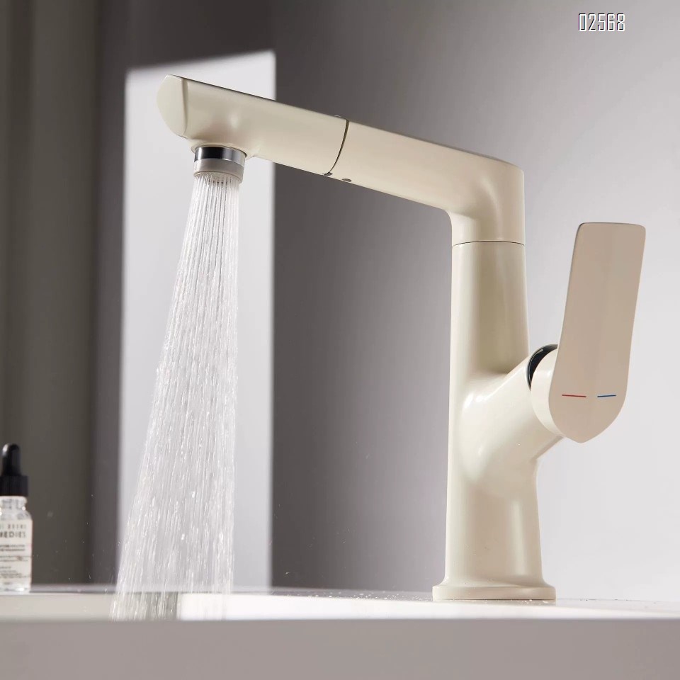 Brass milk white cold and hot wash basin faucet with pull-out and height adjustable bathroom and toilet faucet