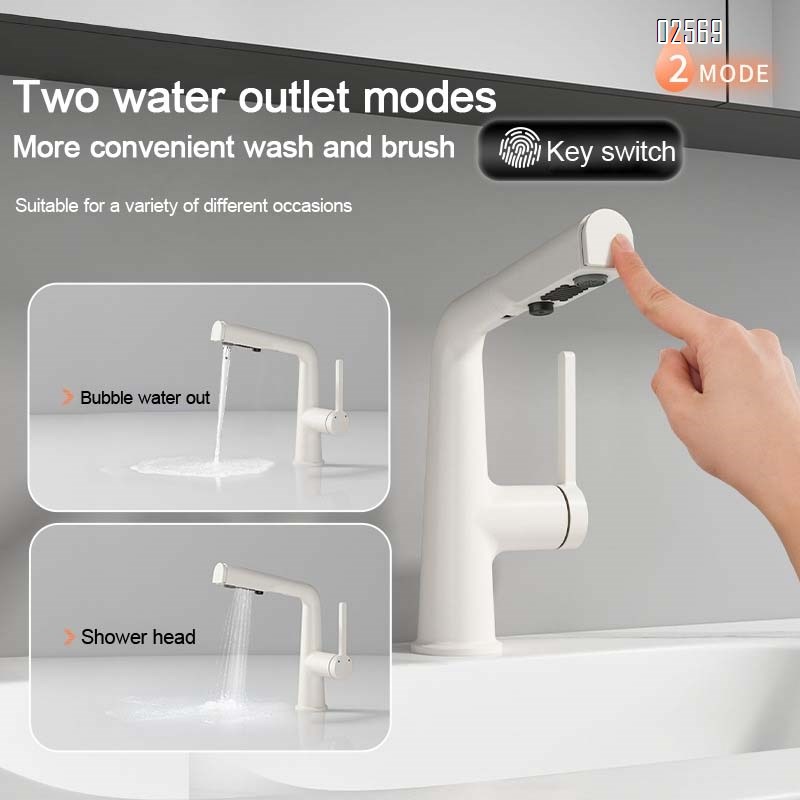 Brass home pull-out faucet bathroom vanity basin white cold and hot high-value wash basin faucet
