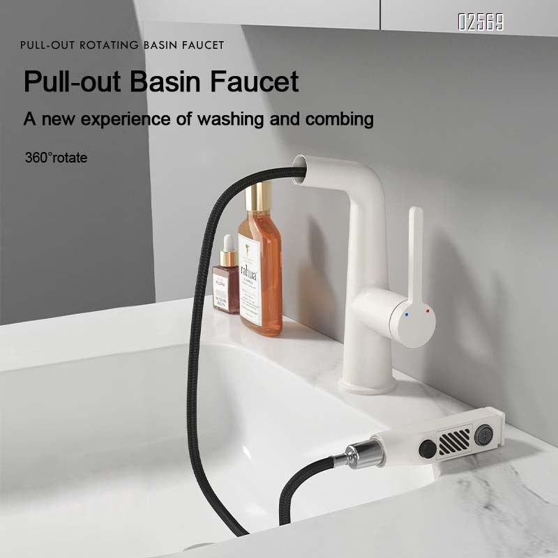 Brass home pull-out faucet bathroom vanity basin white cold and hot high-value wash basin faucet