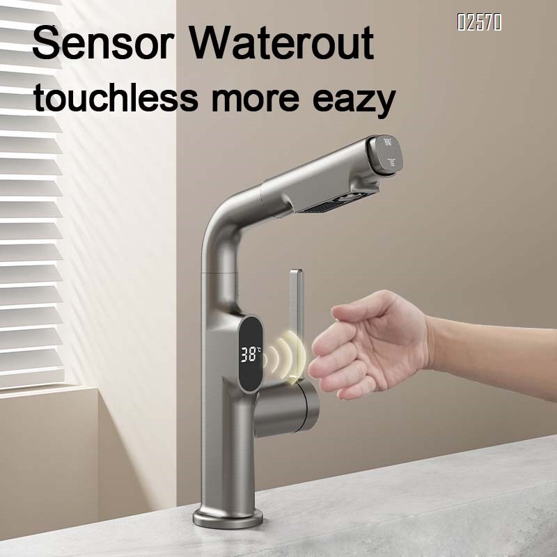 Brass Gun gray induction digital display home pull-out double control cold and hot water faucet extendable wash basin faucet