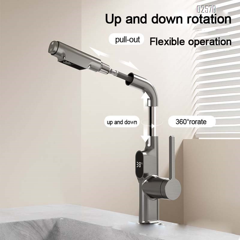 Brass Gun gray induction digital display home pull-out double control cold and hot water faucet extendable wash basin faucet