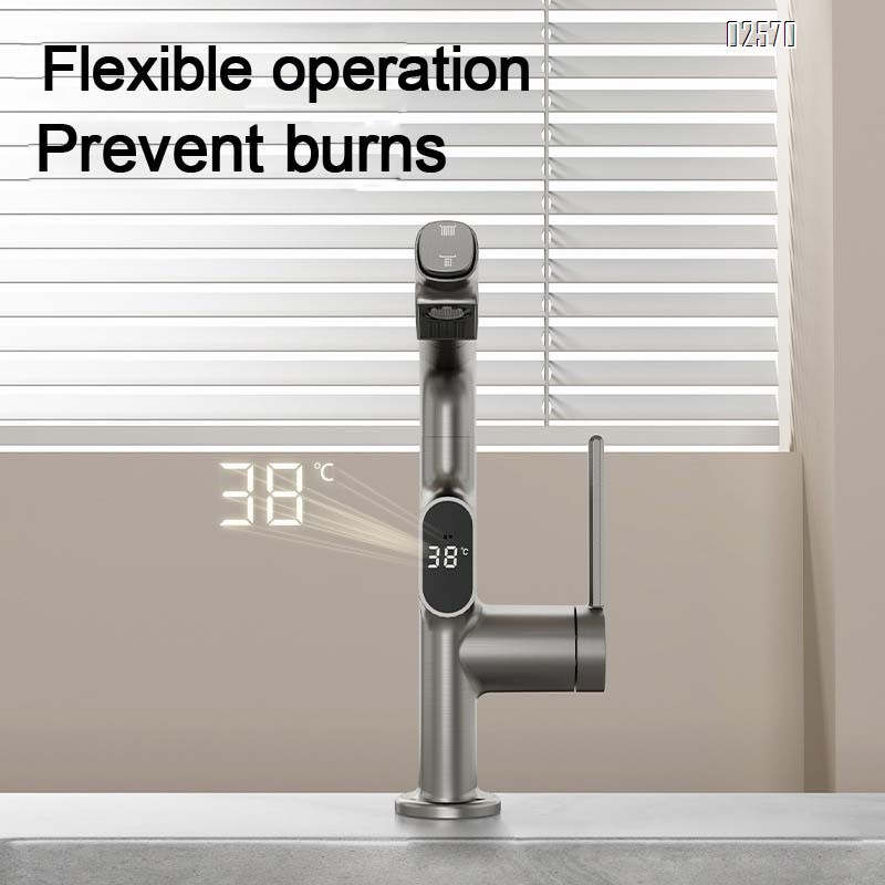 Brass Gun gray induction digital display home pull-out double control cold and hot water faucet extendable wash basin faucet