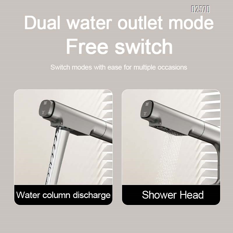 Brass Gun gray induction digital display home pull-out double control cold and hot water faucet extendable wash basin faucet