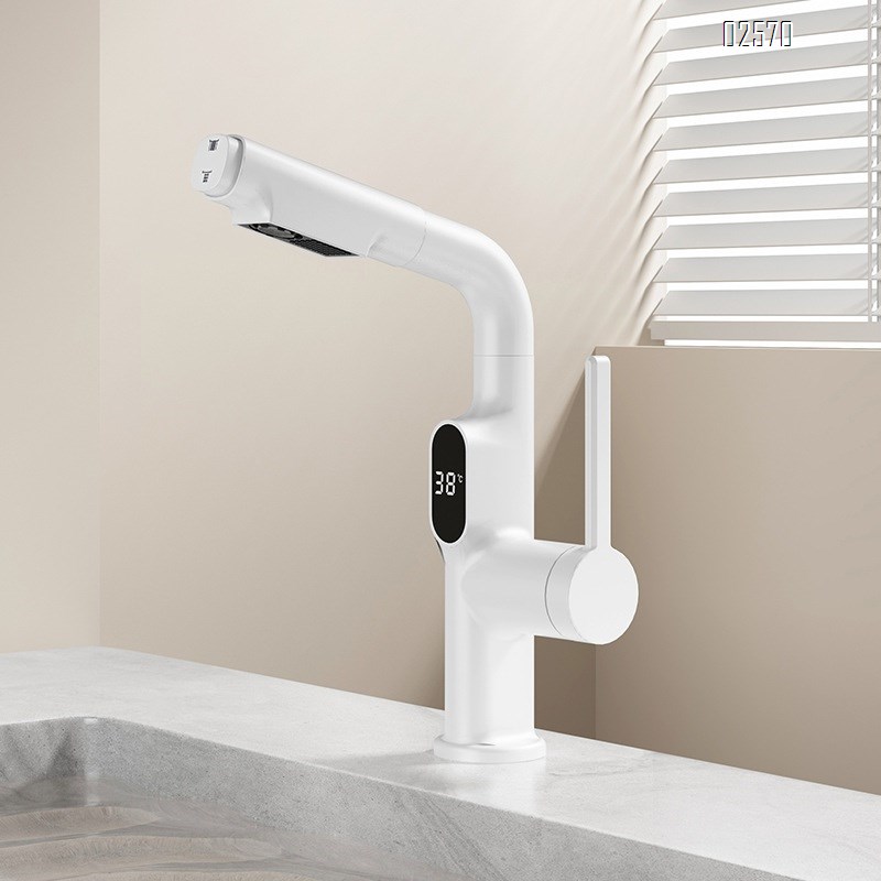 Brass Gun gray induction digital display home pull-out double control cold and hot water faucet extendable wash basin faucet
