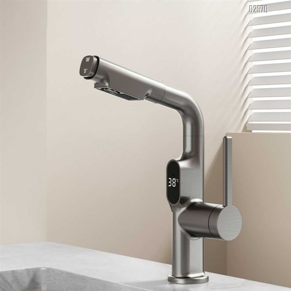 Brass Gun gray induction digital display home pull-out double control cold and hot water faucet extendable wash basin faucet