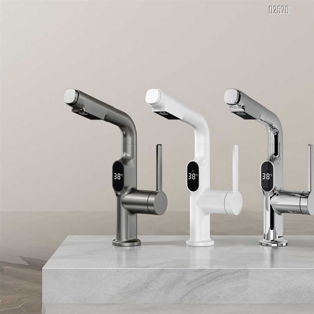 Brass Gun gray induction digital display home pull-out double control cold and hot water faucet extendable wash basin faucet
