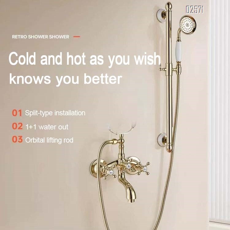 European style brass vintage shower head riser rod simple bathtub shower set cold and hot bathroom home use gold