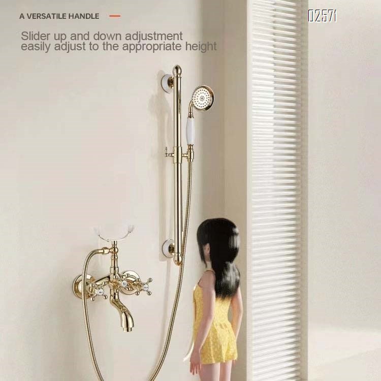 European style brass vintage shower head riser rod simple bathtub shower set cold and hot bathroom home use gold