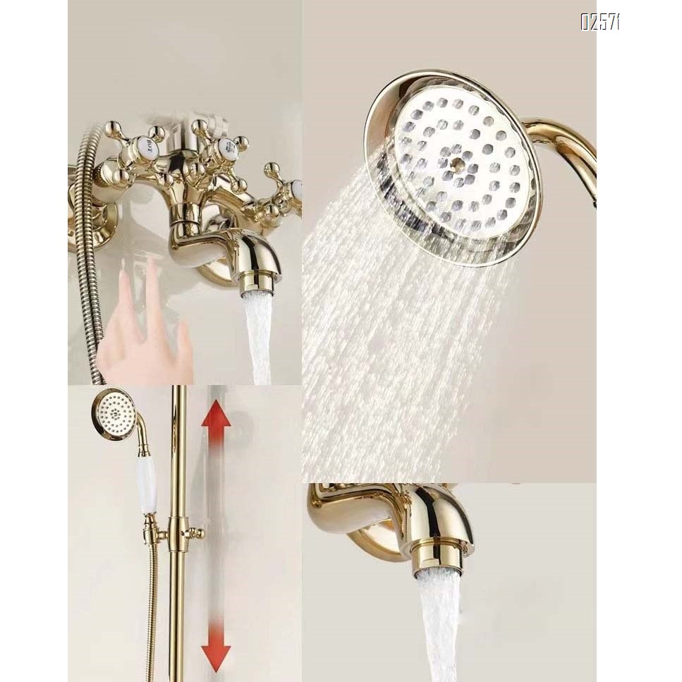 European style brass vintage shower head riser rod simple bathtub shower set cold and hot bathroom home use gold