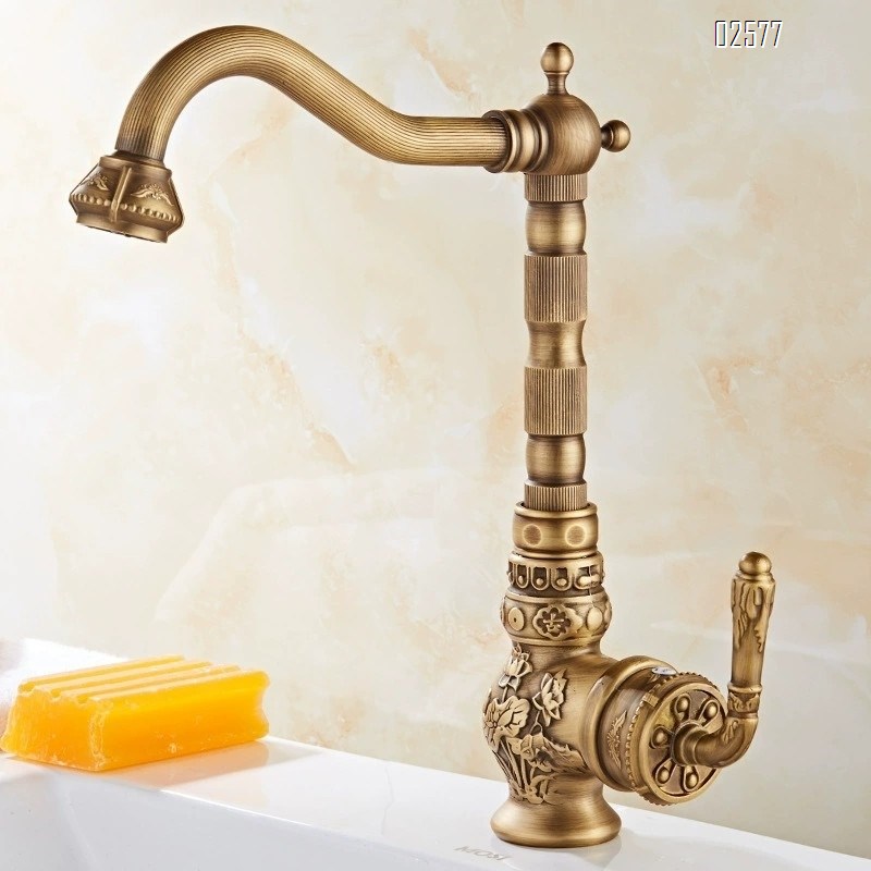 Antique-style all-Brass three-dimensional relief cold and hot water faucet for home wash basin vintage bathroom faucet
