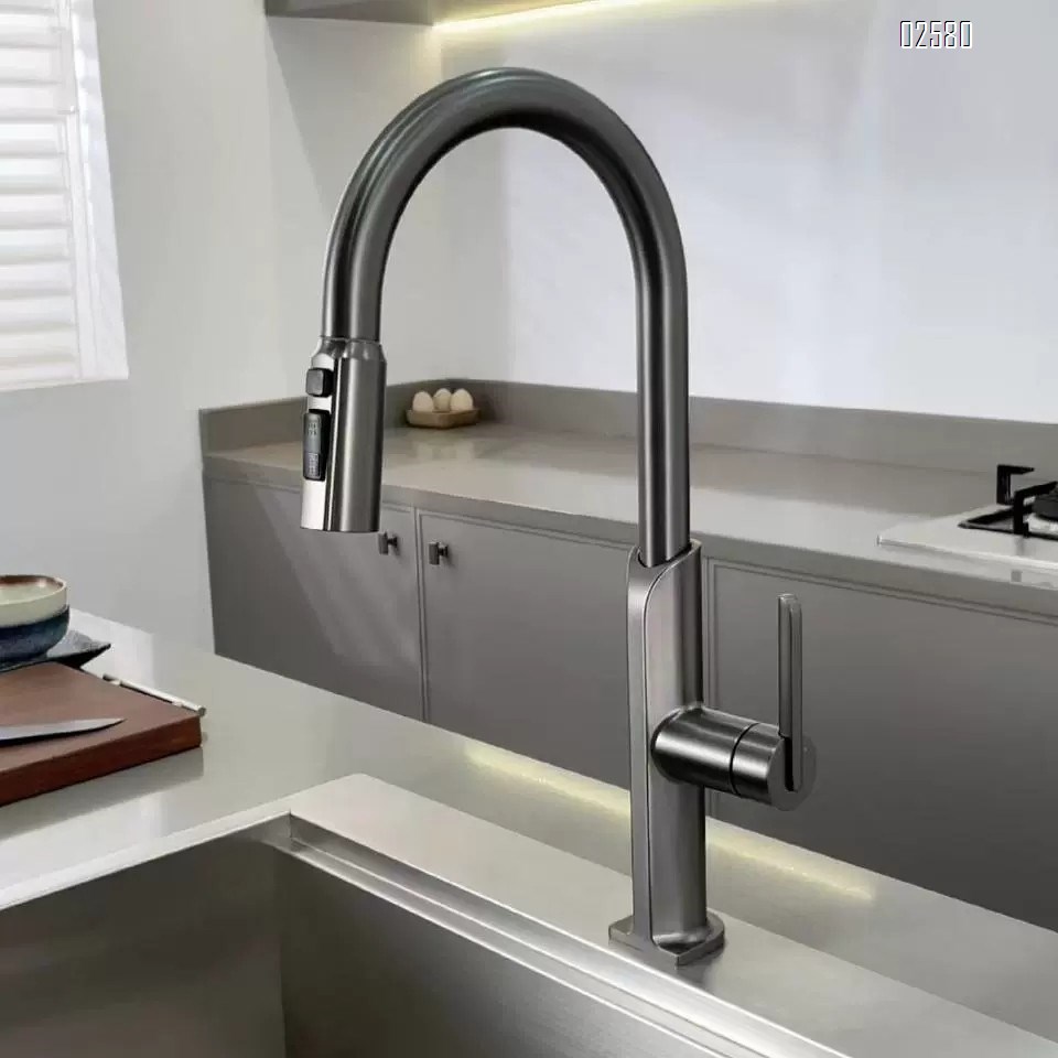 Brass gun gray pull-down cold and hot sink home multi-functional kitchen extendable sink dish pool faucet