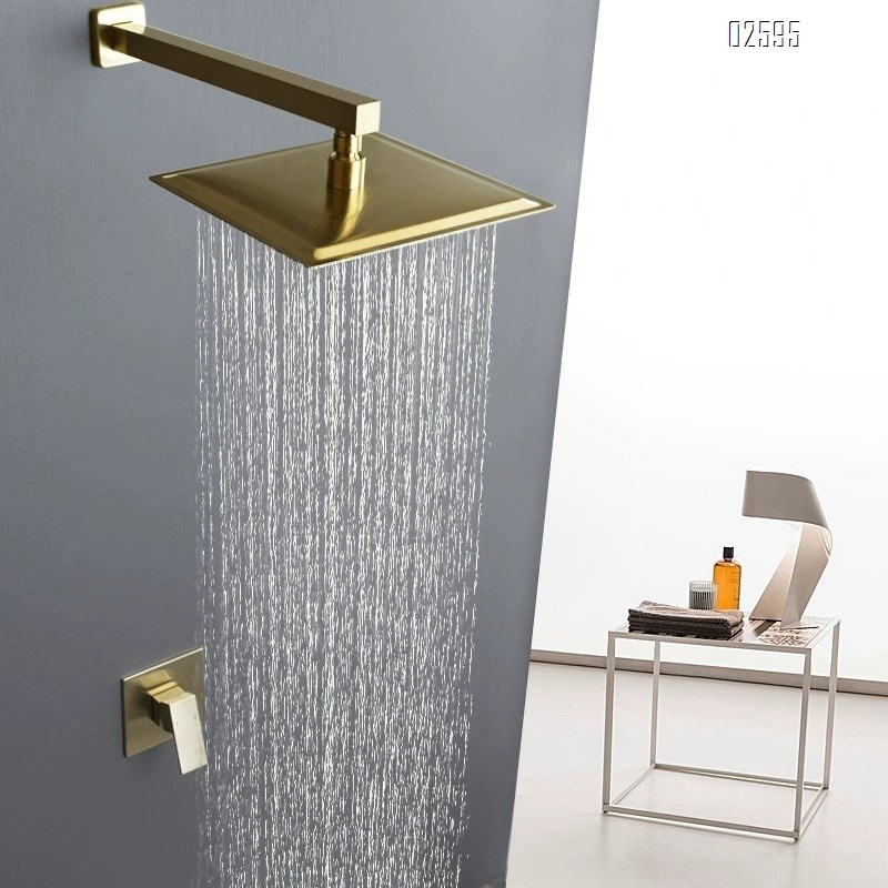 Brass concealed shower set with European minimalist luxury bathroom embedded cold and hot double control ceiling