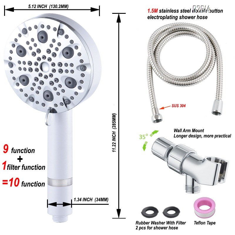Filtered Handheld Shower Head Set 10 Functions with Hose and Bracket Anti-clog Nozzles for Hard Water Remove Chlorine