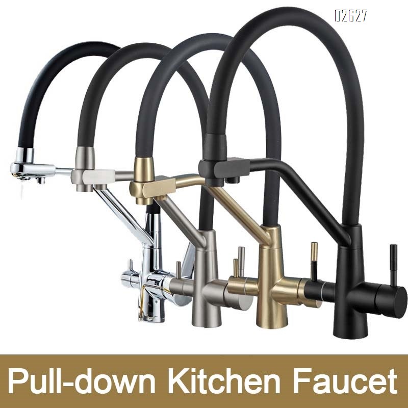 Three-in-one kitchen faucet all Brass rotatable pull-down cold and hot water purified water for direct drinking single hole