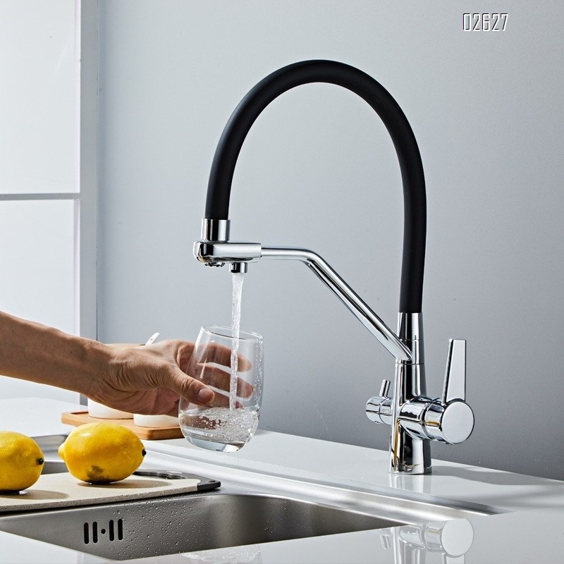Three-in-one kitchen faucet all Brass rotatable pull-down cold and hot water purified water for direct drinking single hole