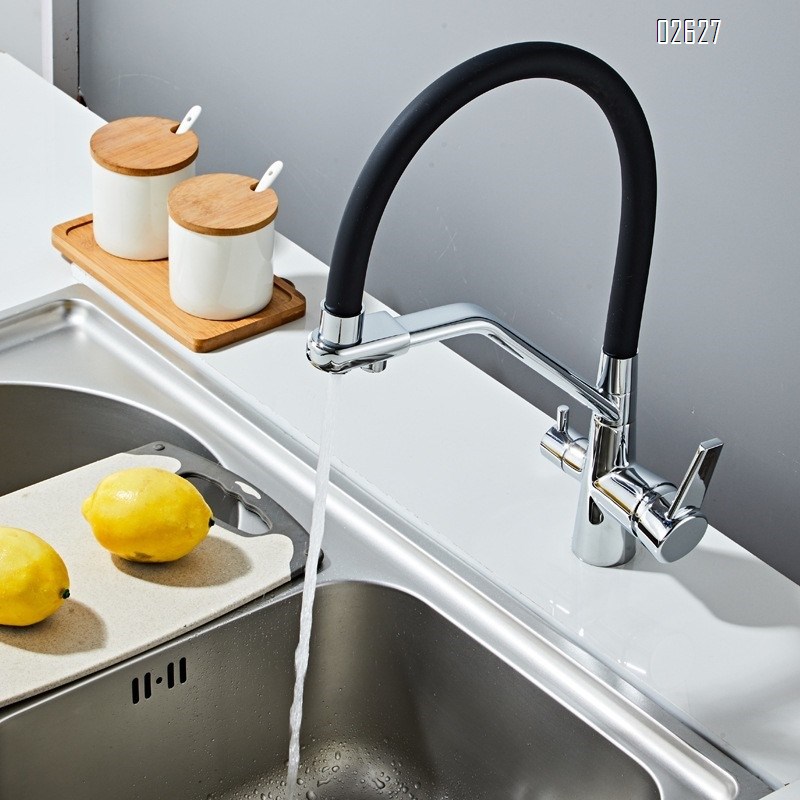 Three-in-one kitchen faucet all Brass rotatable pull-down cold and hot water purified water for direct drinking single hole