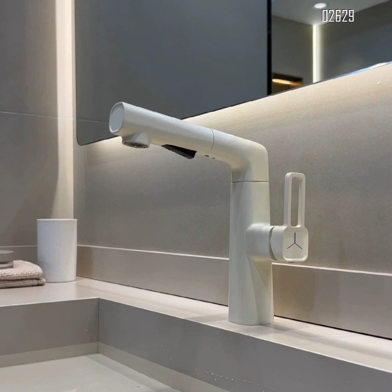 Brass pull-out sink faucet with milk white cold and hot water tap for home use lifting bathroom gunmetal wash basin faucet