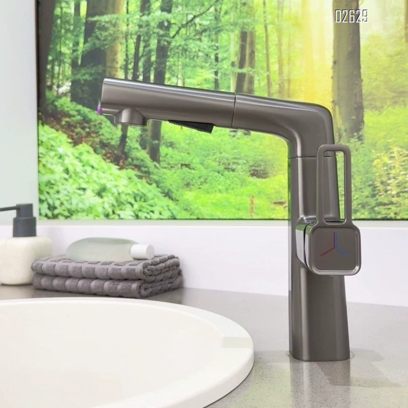 Brass pull-out sink faucet with milk white cold and hot water tap for home use lifting bathroom gunmetal wash basin faucet