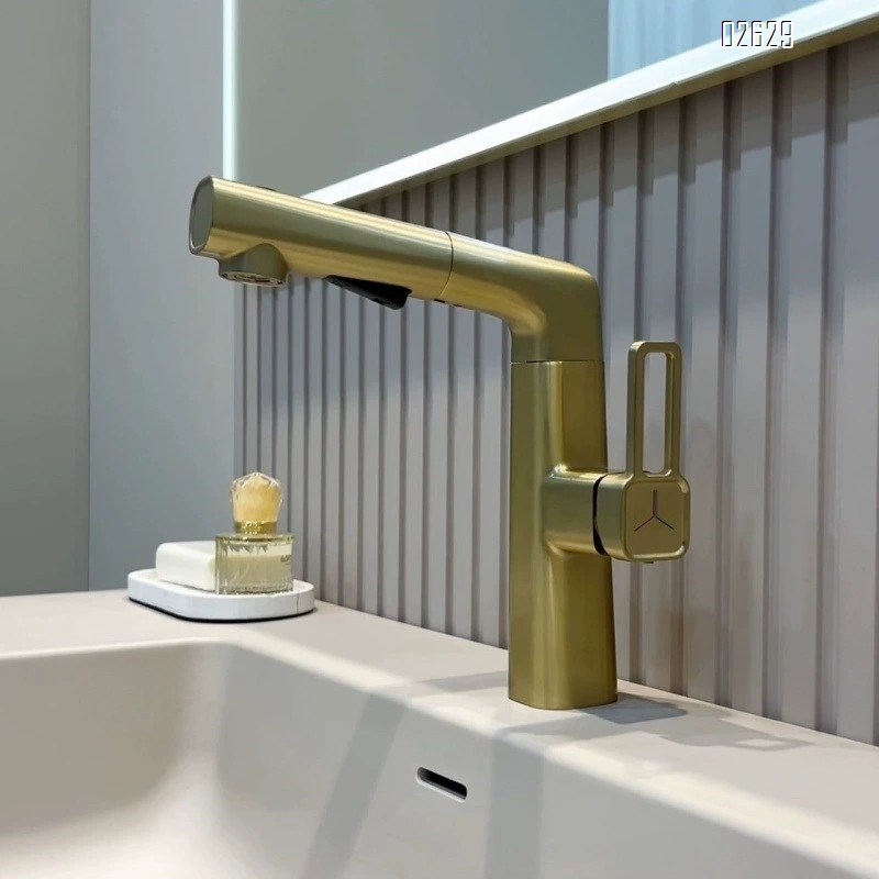 Brass pull-out sink faucet with milk white cold and hot water tap for home use lifting bathroom gunmetal wash basin faucet