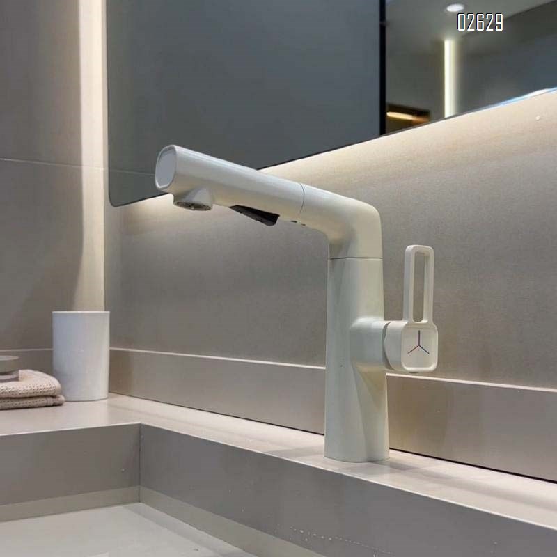 Brass pull-out sink faucet with milk white cold and hot water tap for home use lifting bathroom gunmetal wash basin faucet