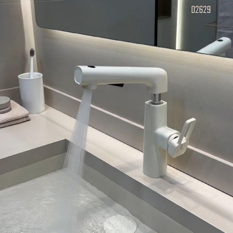 Brass pull-out sink faucet with milk white cold and hot water tap for home use lifting bathroom gunmetal wash basin faucet