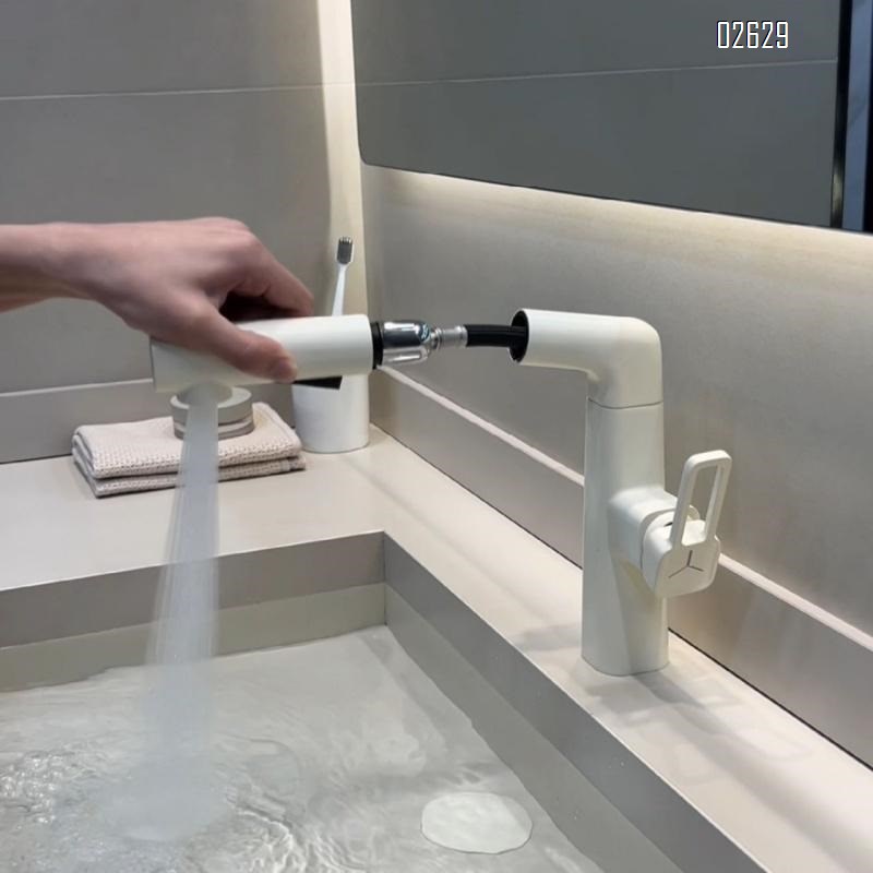 Brass pull-out sink faucet with milk white cold and hot water tap for home use lifting bathroom gunmetal wash basin faucet