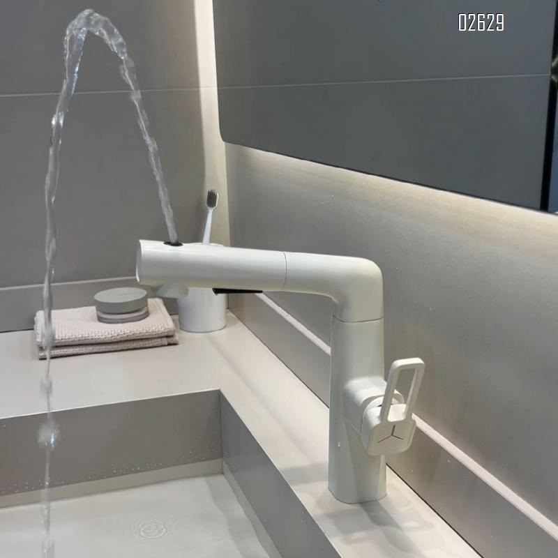Brass pull-out sink faucet with milk white cold and hot water tap for home use lifting bathroom gunmetal wash basin faucet