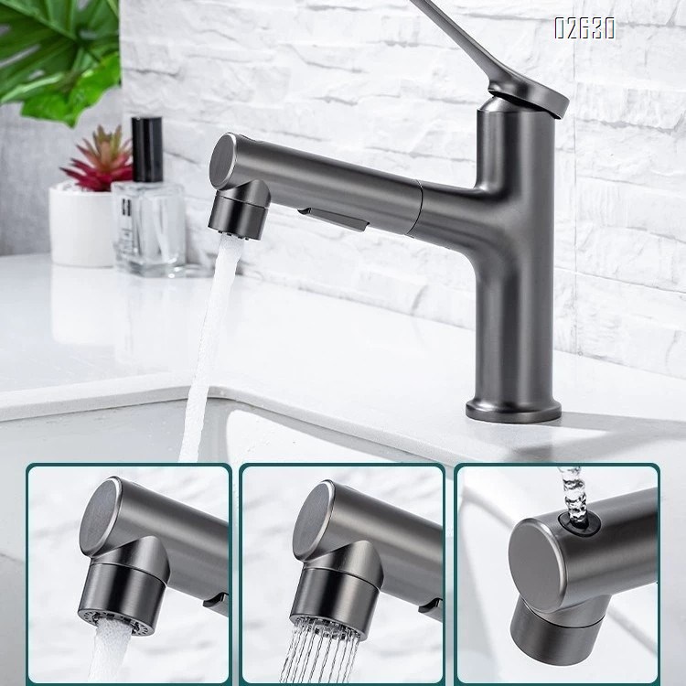 Gun gray bathroom wash basin pull-out faucet rotating upsurge water outlet bathroom counter basin faucet
