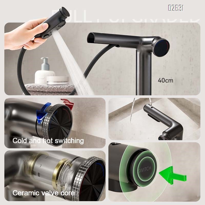 Brass Gun gray pull-out faucet basin cold and hot water faucet bathroom wash basin under and above the basin bathroom