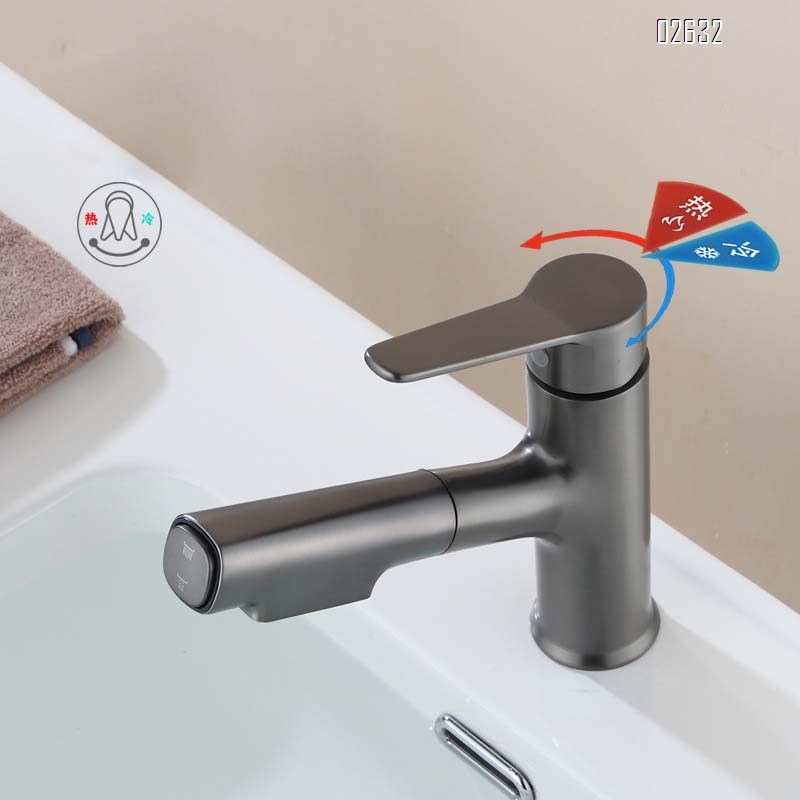 Brass pull-out faucet with swivel spout for bathroom wash basin hot and cold water faucet with mixing valve