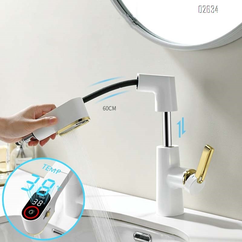 High-end all-Brass intelligent digital faucet home basin bathroom cabinet can be pulled out automatically telescopic cold and hot faucet