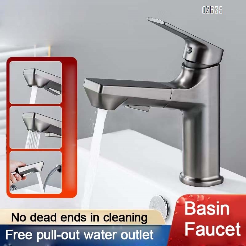 Brass gun gray home pull-out sink single hole faucet multi-functional bathroom cabinet cold and hot water faucet