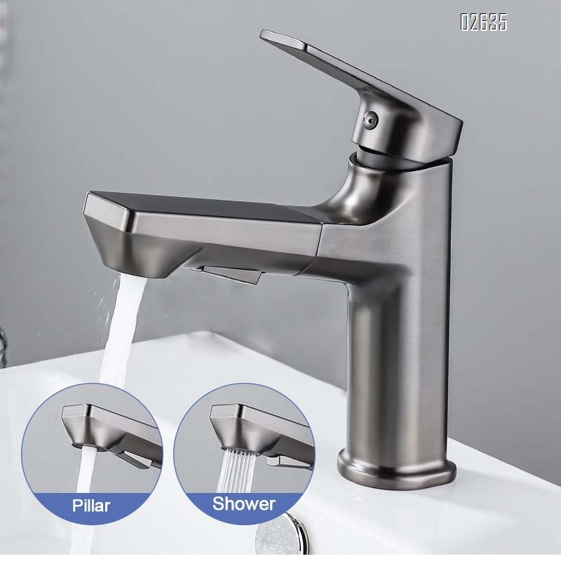 Brass gun gray home pull-out sink single hole faucet multi-functional bathroom cabinet cold and hot water faucet
