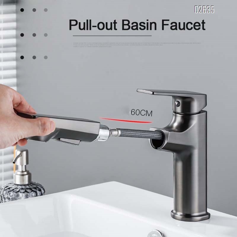Brass gun gray home pull-out sink single hole faucet multi-functional bathroom cabinet cold and hot water faucet