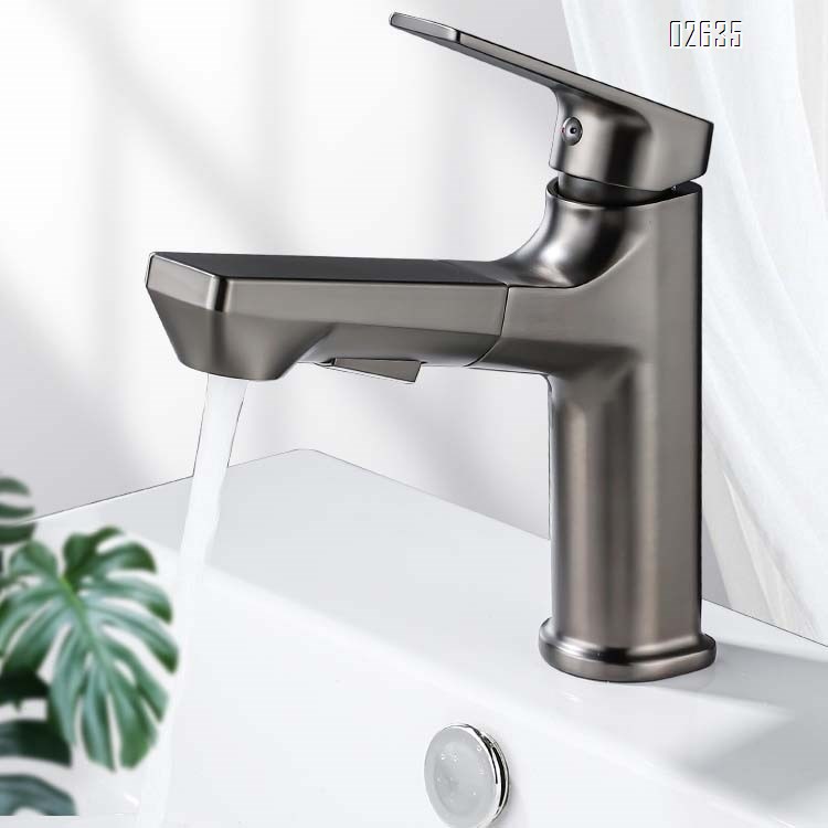 Brass gun gray home pull-out sink single hole faucet multi-functional bathroom cabinet cold and hot water faucet
