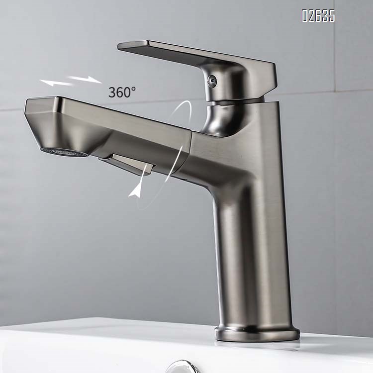 Brass gun gray home pull-out sink single hole faucet multi-functional bathroom cabinet cold and hot water faucet