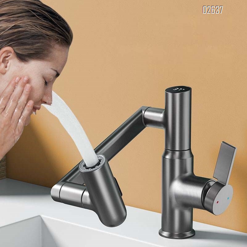 Brass Gun gray intelligent digital display swing arm faucet bathroom toilet basin faucet robot anti-splash cleaning