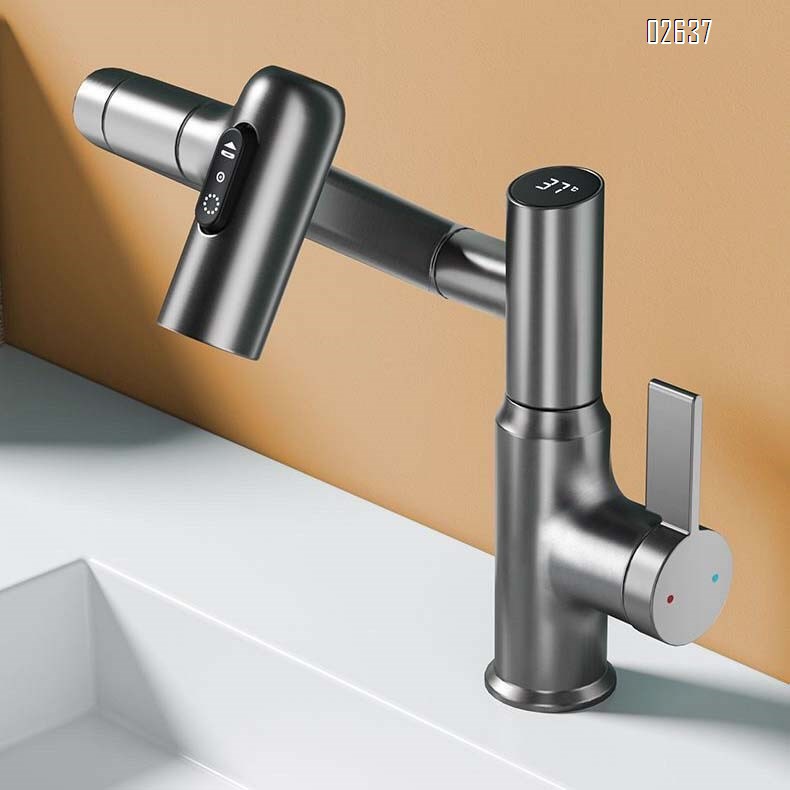 Brass Gun gray intelligent digital display swing arm faucet bathroom toilet basin faucet robot anti-splash cleaning