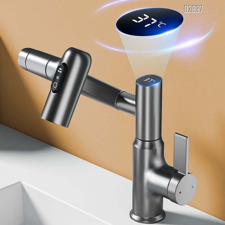 Brass Gun gray intelligent digital display swing arm faucet bathroom toilet basin faucet robot anti-splash cleaning